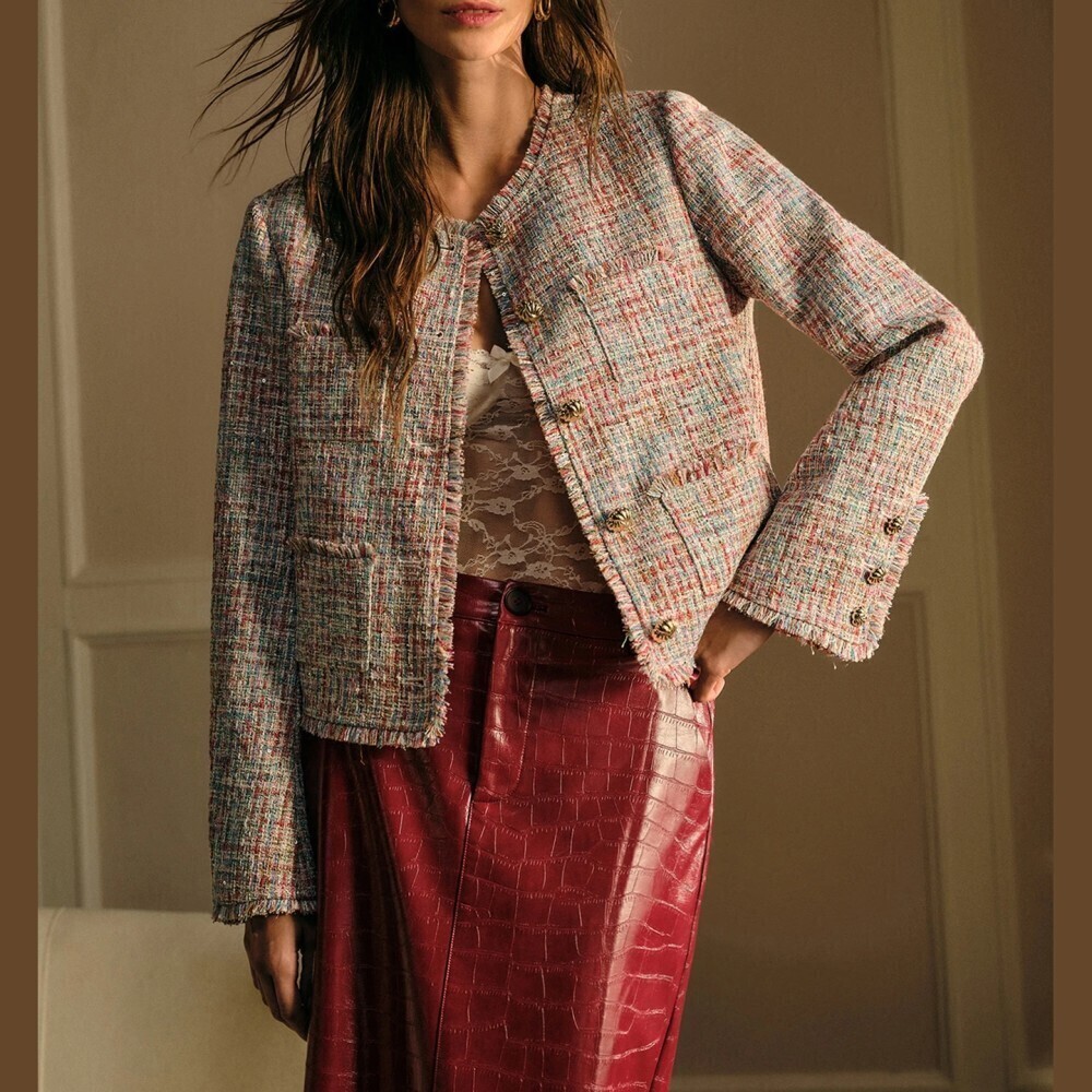Cream Blue Tweed Frayed Trim Collarless Button Front Jacket